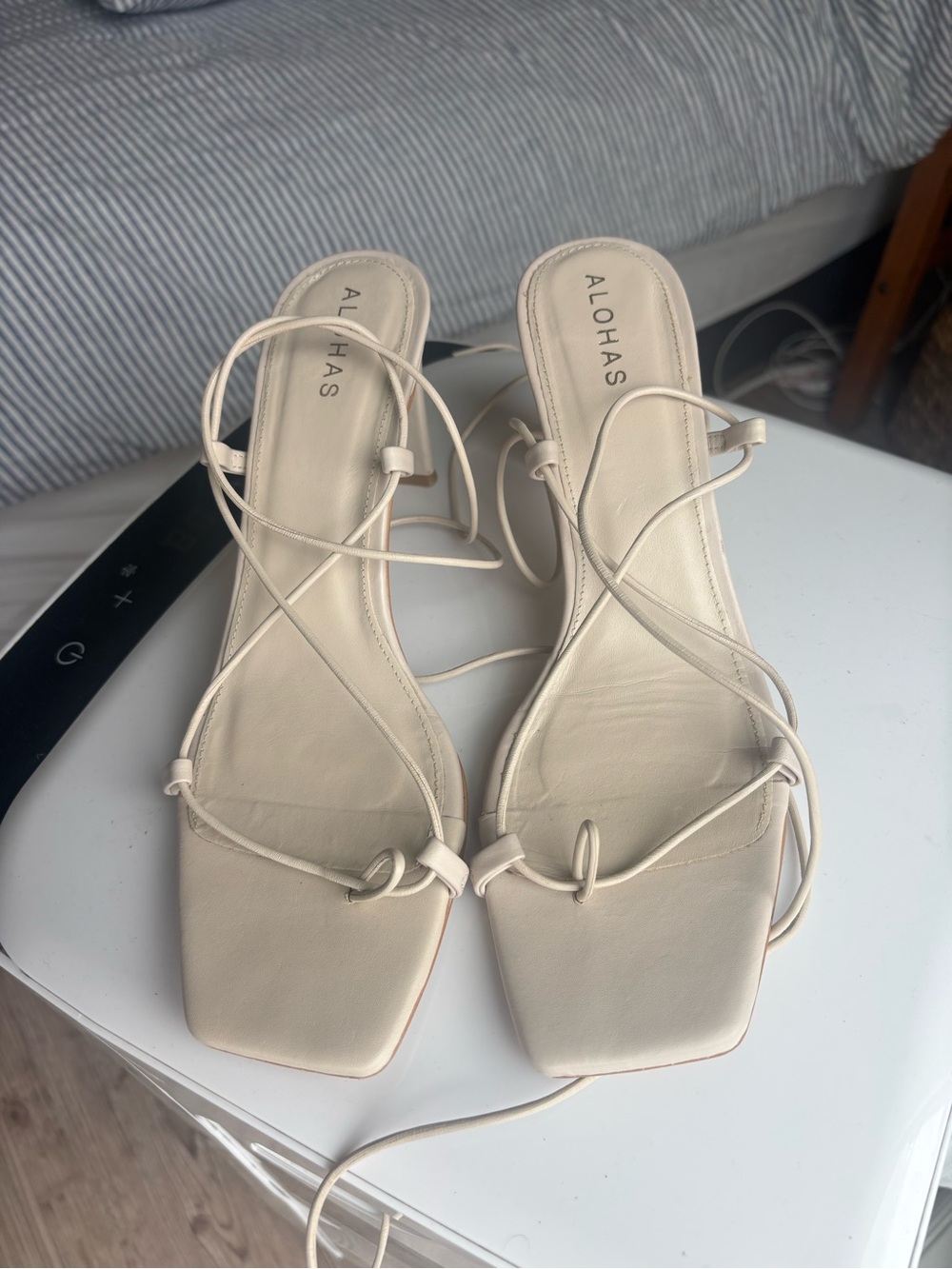 ALOHAS Bridal Ivory Lace-Up Square-Toe Heels (worn once)